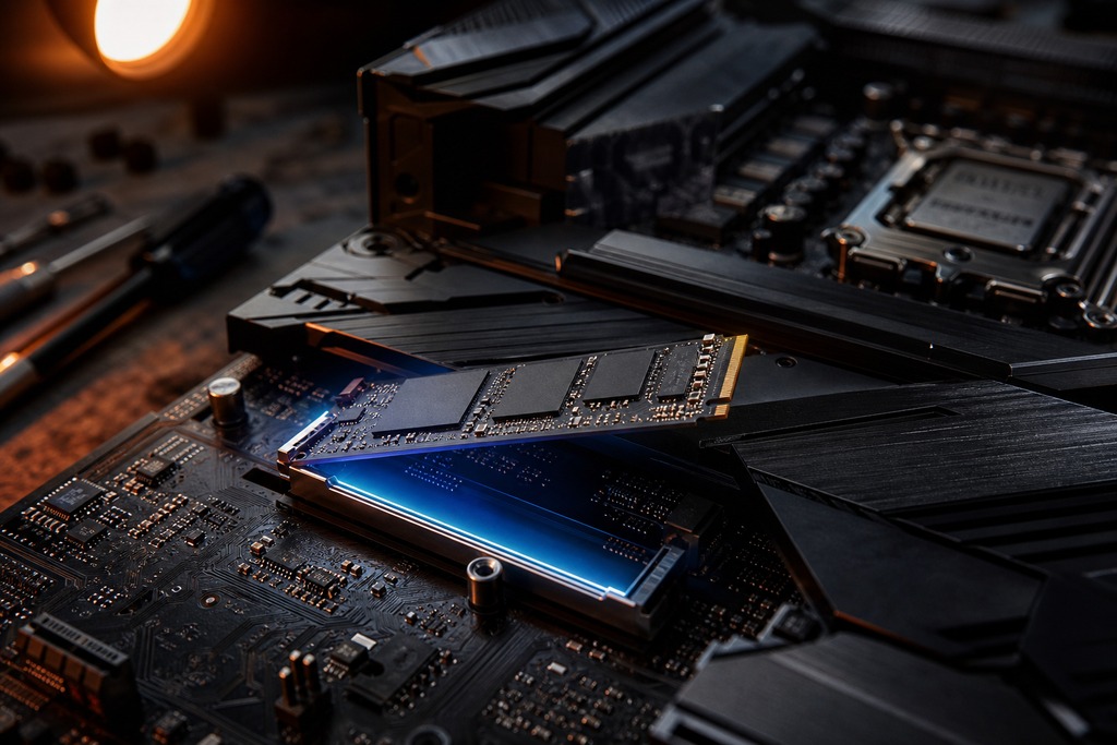 Close-up of a PCIe 5.0 SSD installed on a motherboard, highlighting its advanced gaming performance.