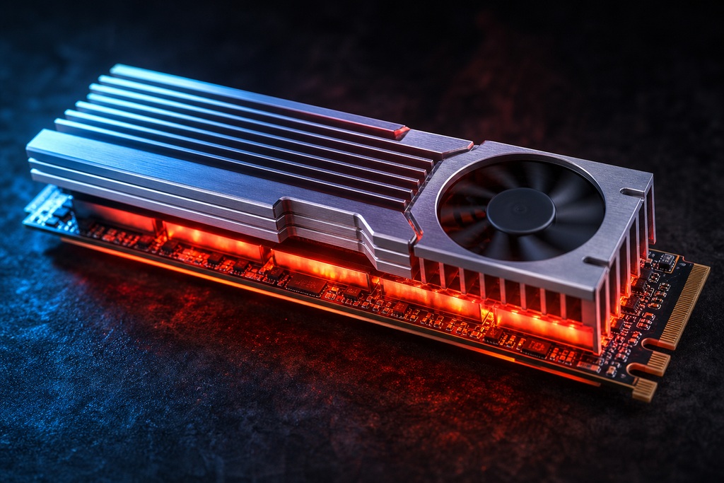 Close-up of a PCIe 5.0 SSD with a sleek design, showcasing illuminated features for gaming performance.