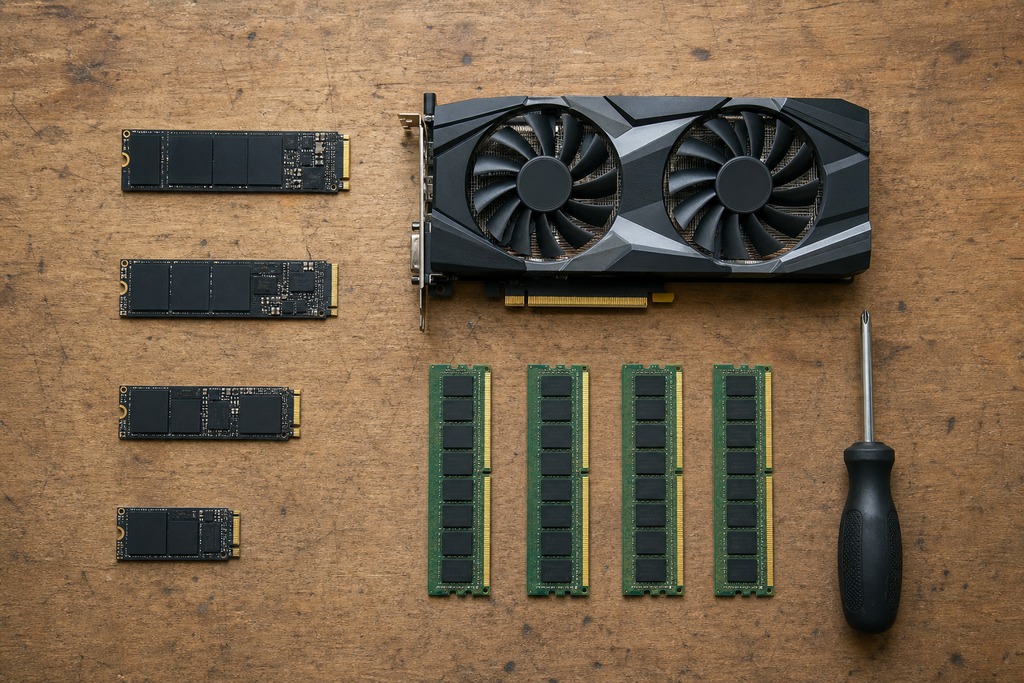 M.2 SSDs, a GPU, RAM sticks, and a screwdriver arranged on a wooden surface, showcasing gaming hardware components.