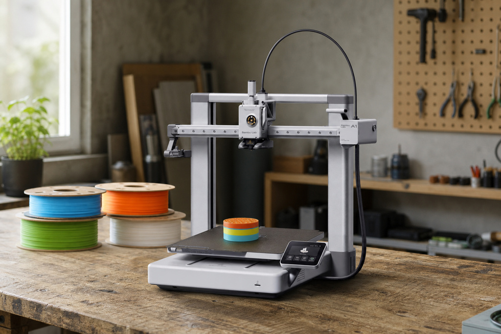 Bambu Lab A1 Combo 3D printer mid-print with a multi-color model on the bed