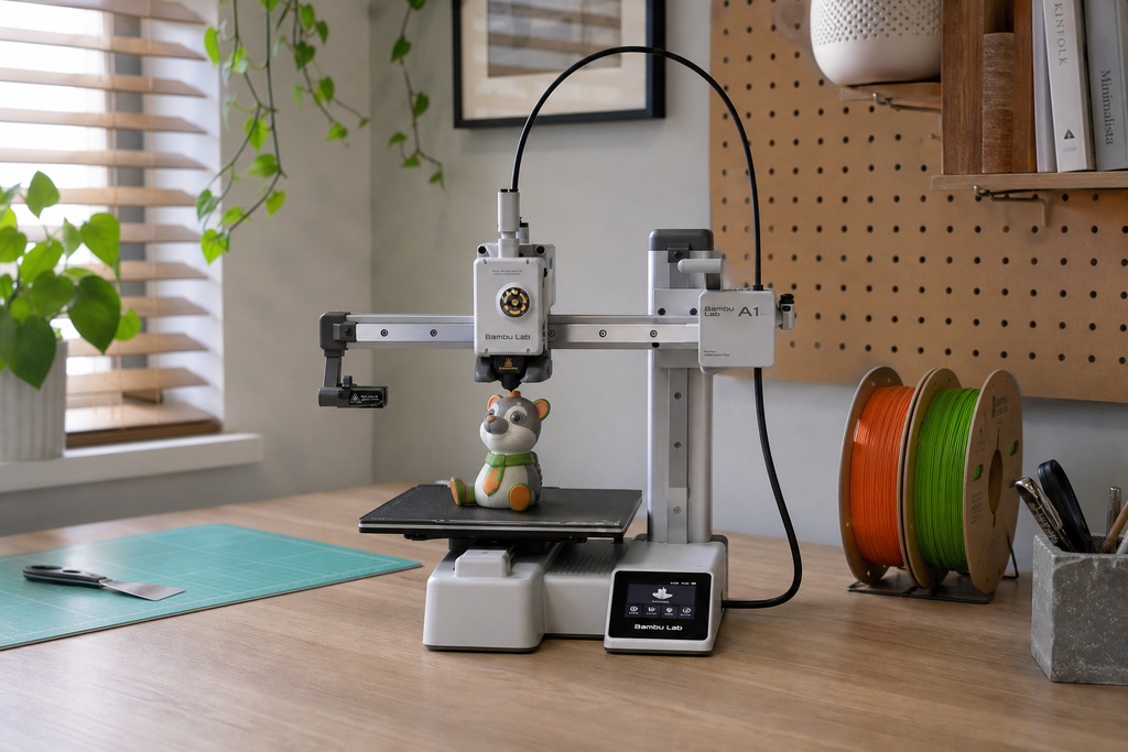 Compact Bambu Lab A1 Mini Combo 3D printer on a desk printing a small multi-color part