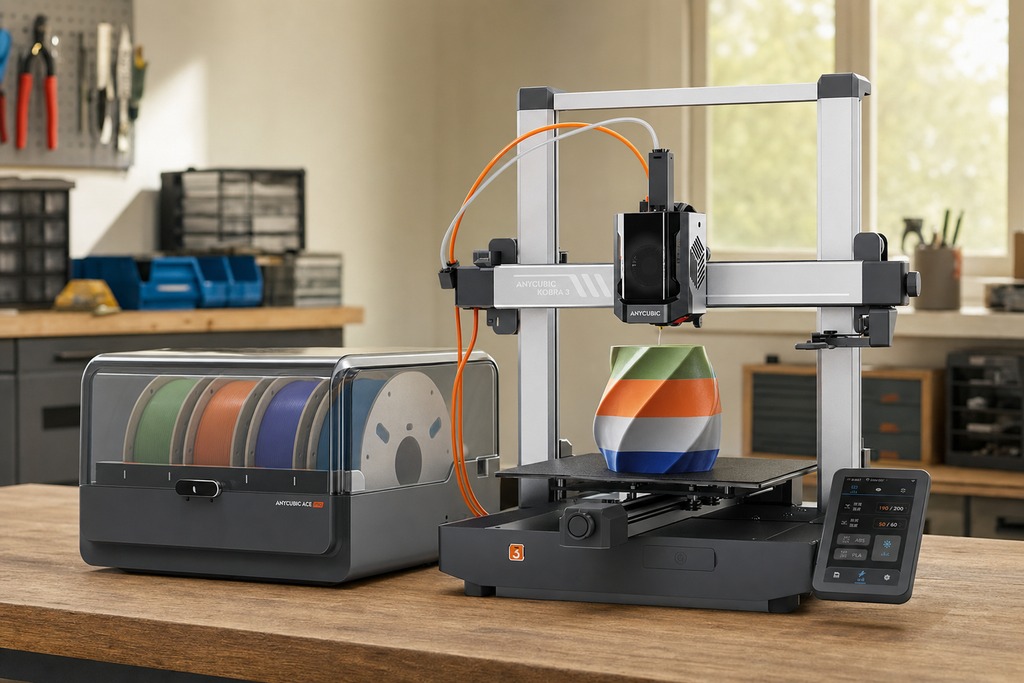 Anycubic Kobra 3 Combo 3D printer with its ACE Pro filament drying unit alongside