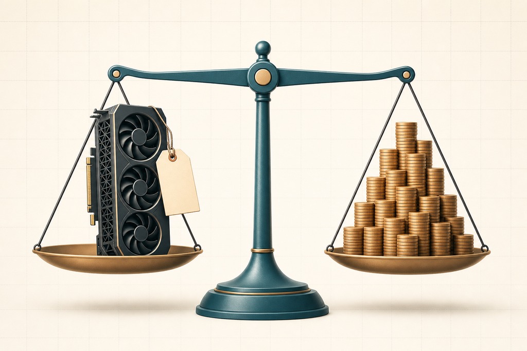 A balance scale compares a graphics card on one side and a stack of coins on the other, illustrating local AI agents vs cloud.