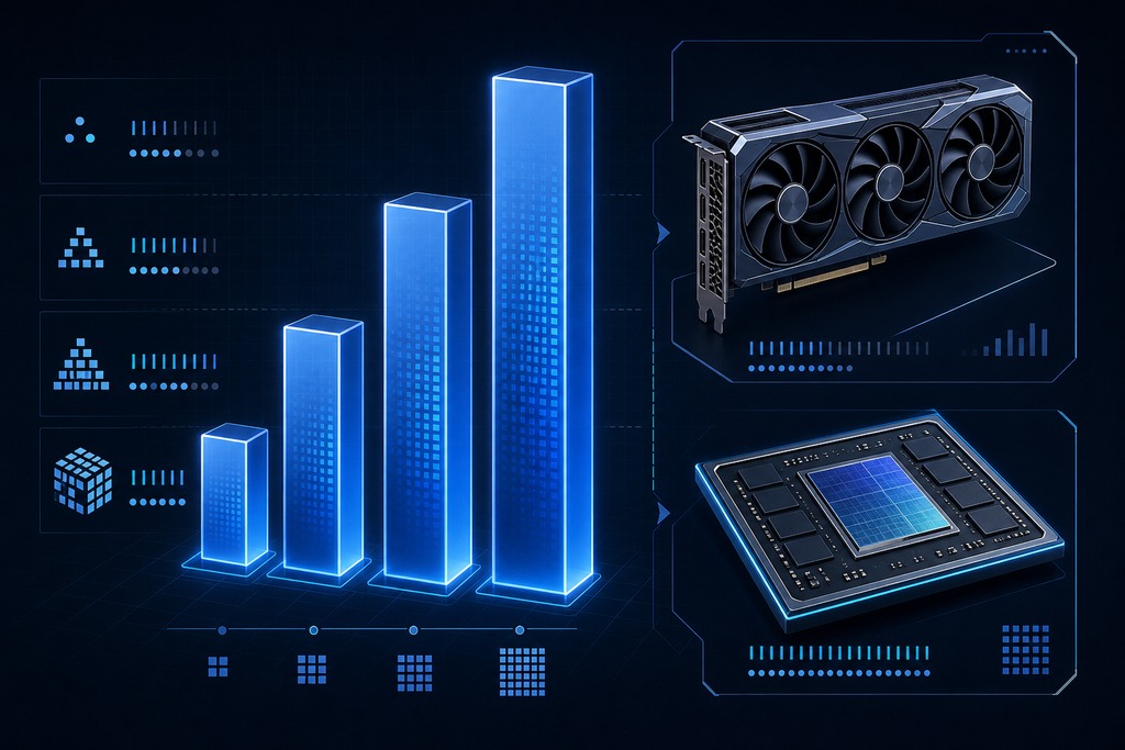 Data charts display AI performance metrics alongside a graphics card and processing unit, illustrating local AI agents vs cloud.