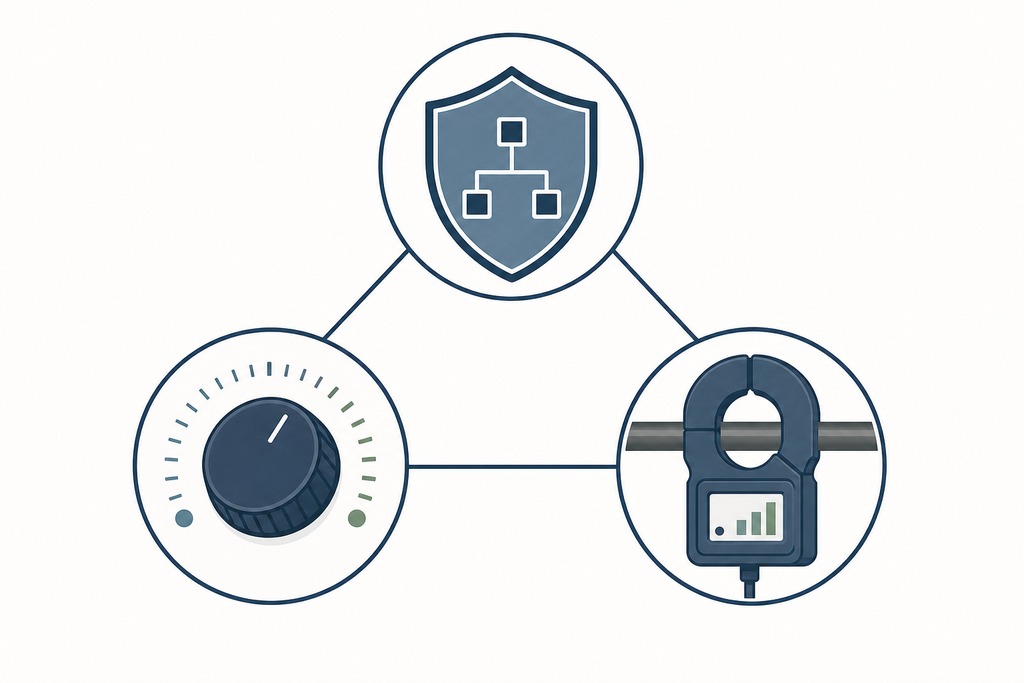 Graphic illustrating components of EV charger smart home integration, featuring a security shield, dial, and measurement device.