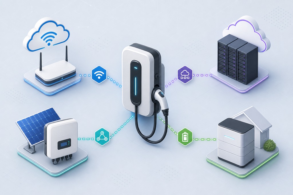 Illustration of an EV charger connected to smart home devices and renewable energy sources for integration.
