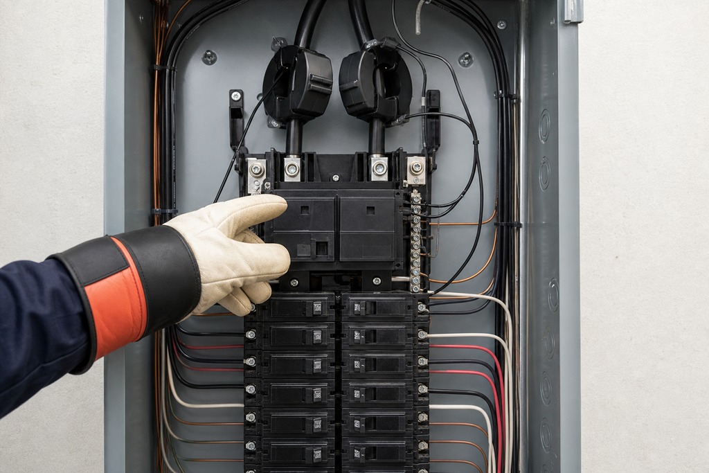 Electric panel showing circuitry, with a hand pointing, relevant for EV charger smart home integration.