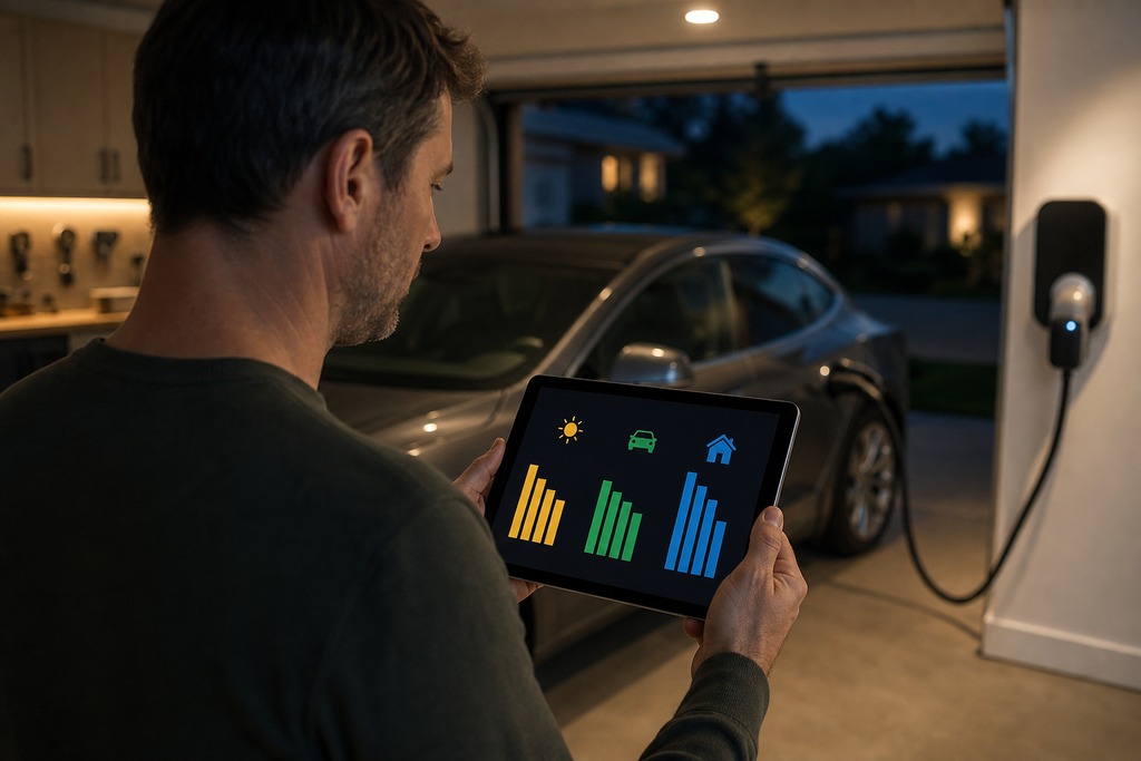 Person using a tablet to monitor EV charger data in a garage with a parked electric vehicle at night.