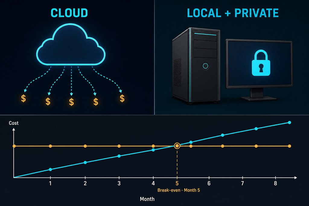 Comparison of cloud costs versus local AI PC build investment with a graph showing break-even point.