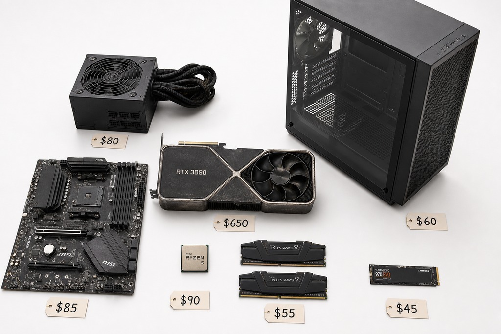 Local AI PC build components displayed, including a motherboard, GPU, RAM, SSD, power supply, and PC case with price tags.
