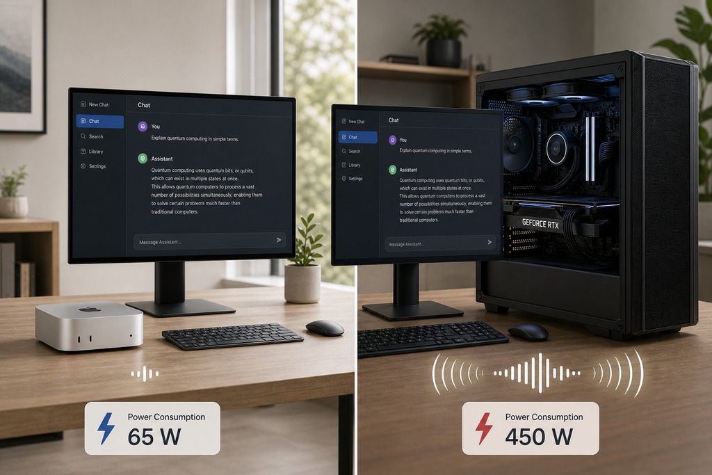 Comparison of two computer setups highlighting power consumption: a compact AI PC build and a gaming desktop.