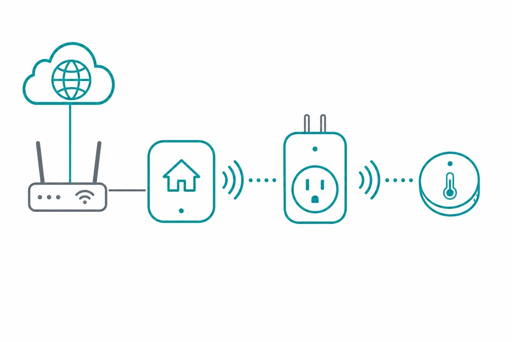 Illustration of a smart home network setup, showing a router, smart outlet, and connected devices for fixing an unreliable thread network.