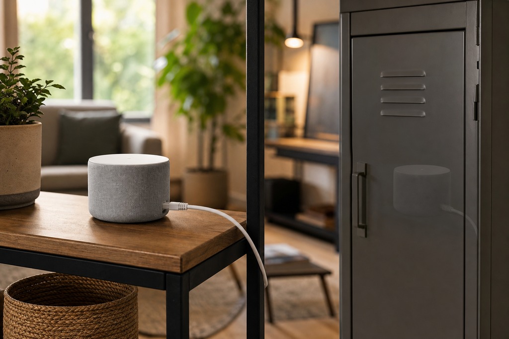 Close-up of a smart home device on a wooden table, emphasizing home network solutions for fixing an unreliable thread network.