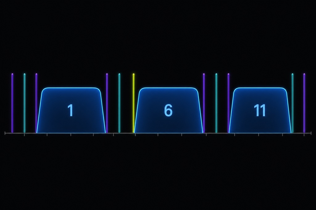 Graphic showing three blue signal peaks labeled 1, 6, and 11, representing frequency channels for a thread network.