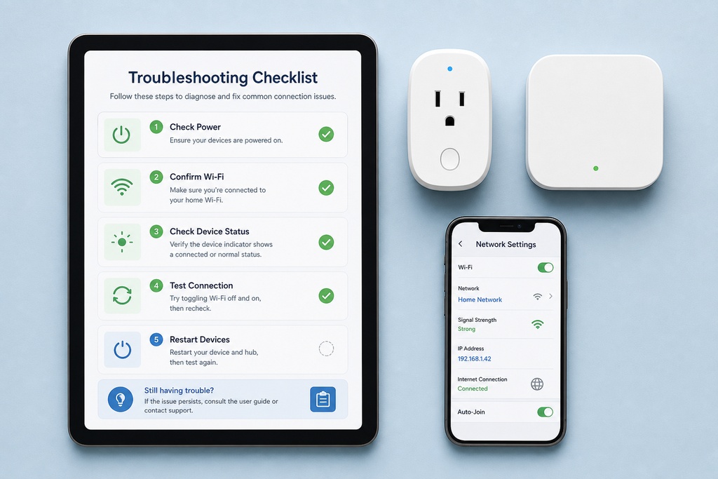 Tablet and smartphone displaying a troubleshooting checklist for fixing unreliable thread network connections.