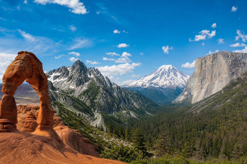 Majestic mountains and red rock arch showcase scenic beauty in a national park without reservations in 2026.