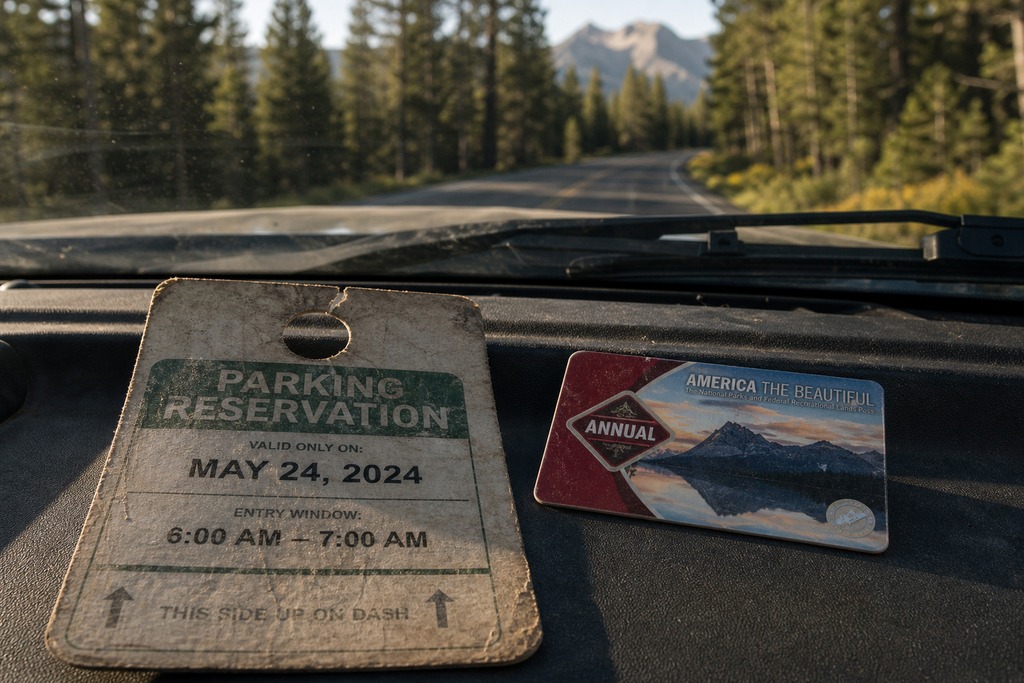 A parking reservation and annual pass sit on a car dashboard with a scenic road and trees in the background.