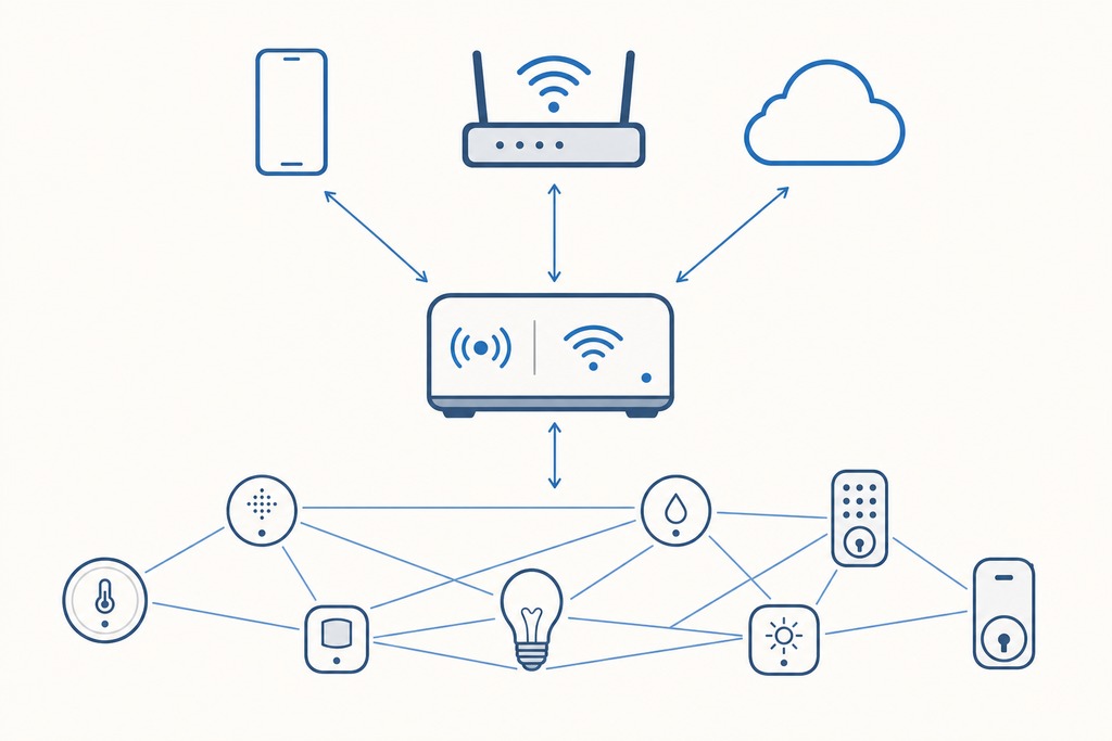 Diagram illustrating a thread border router connecting various smart devices, cloud, and mobile phone.