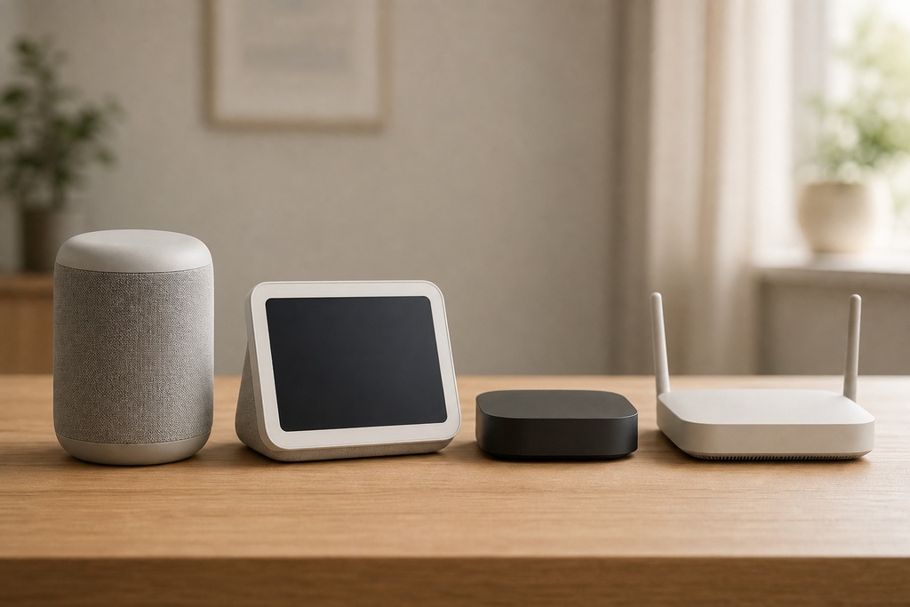 Four smart devices, including a speaker and two routers, are displayed on a wooden table in a modern living space.