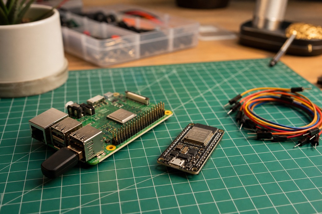 A Raspberry Pi and a thread border router board are placed on a green cutting mat alongside colorful jumper wires.
