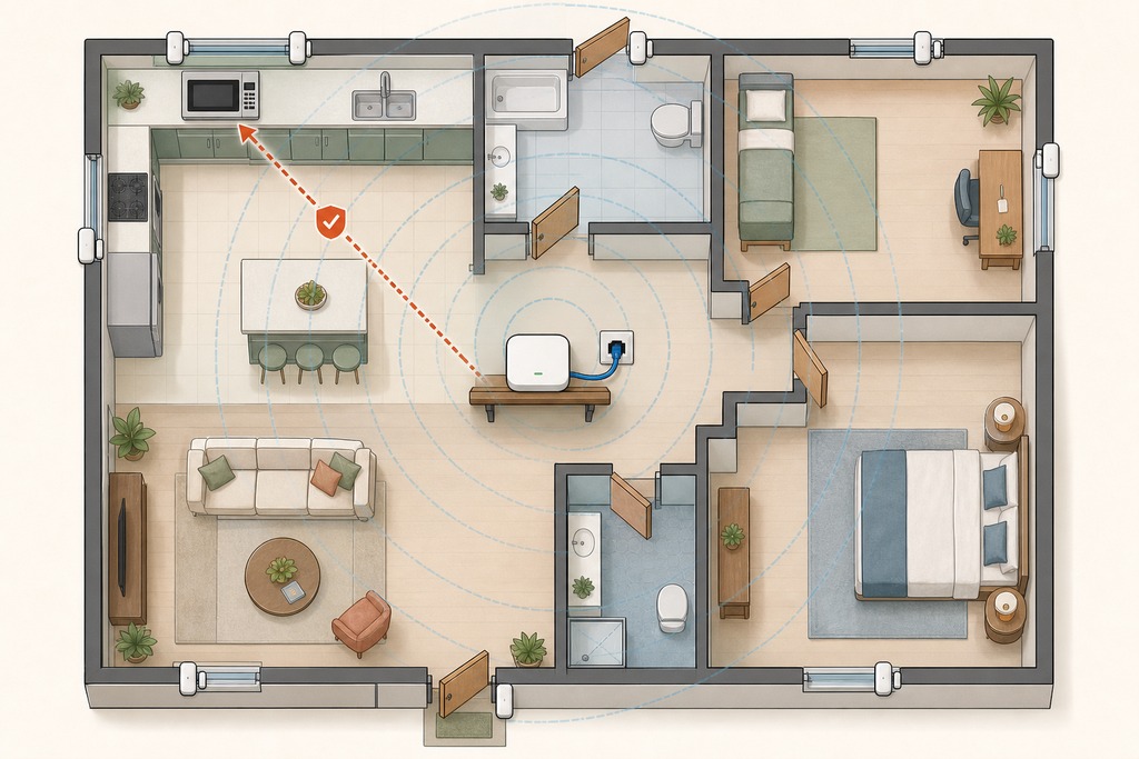 Illustration of a home layout showing a thread border router's location and signal range in a floor plan.