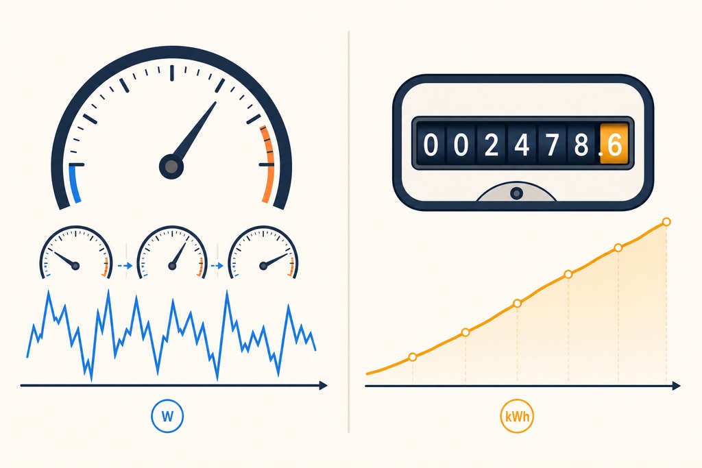 Illustration of energy management metrics, featuring a watt meter, a kilowatt-hour counter, and energy consumption graphs.