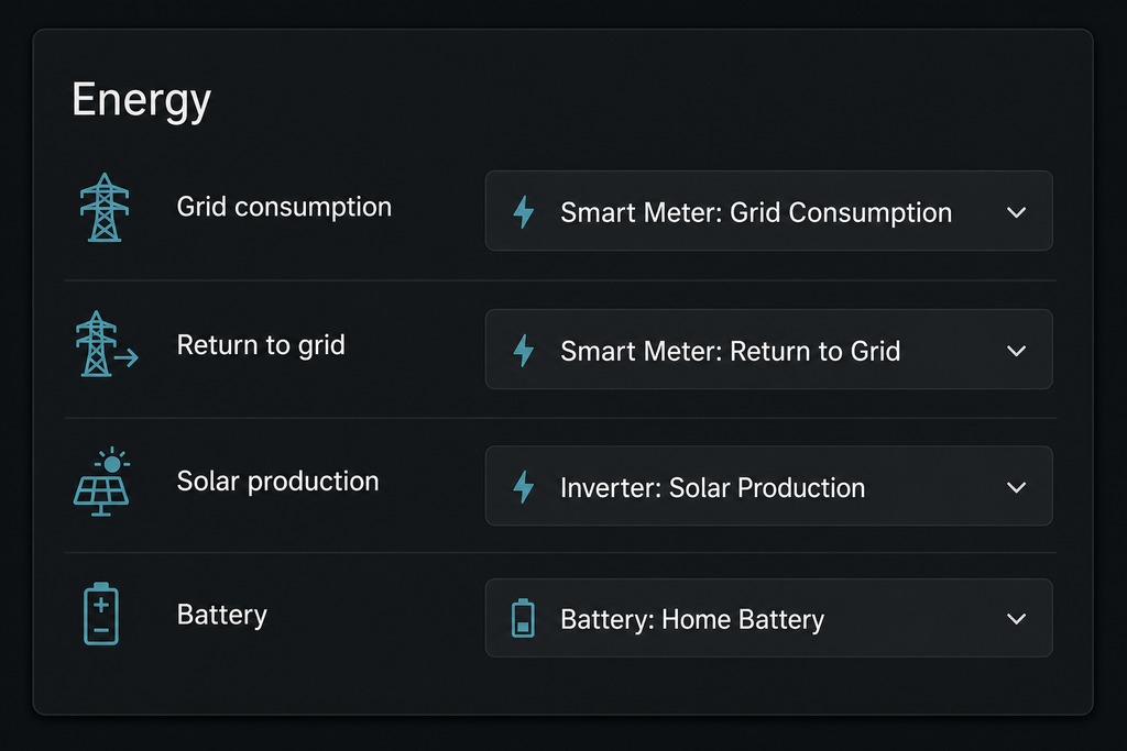 Home assistant energy management setup displaying grid consumption, return to grid, solar production, and battery options.