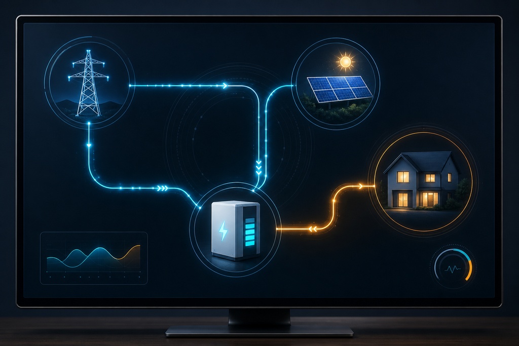 Diagram illustrating a home assistant energy management setup with solar panels, a house, and power sources.