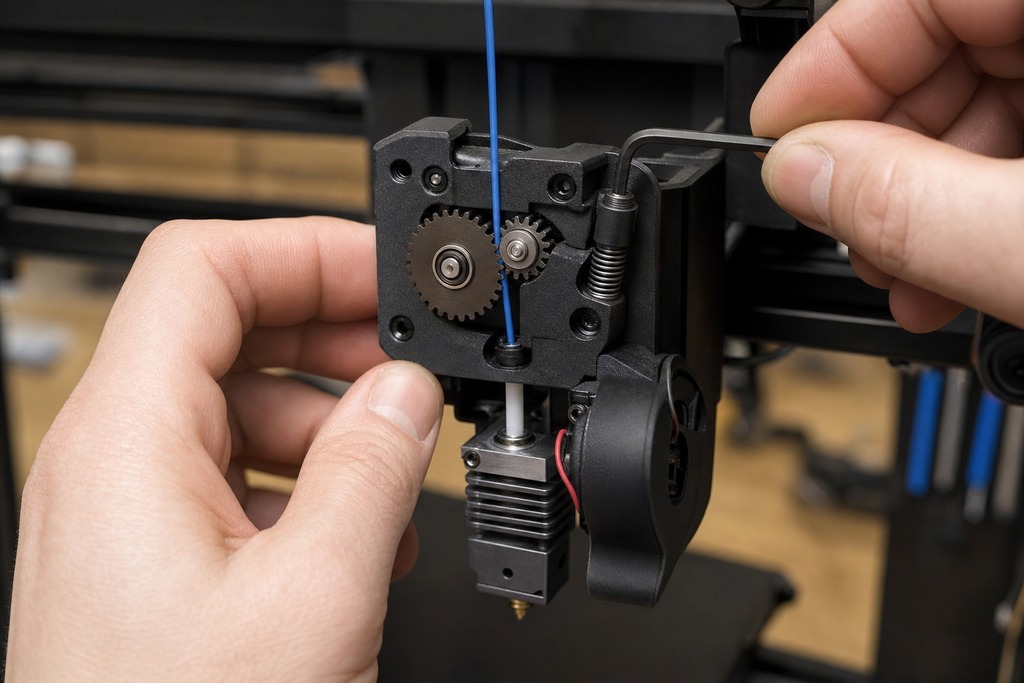 Close-up of a person adjusting the extruder gears on a 3D printer for printing TPU in a multi-material system.