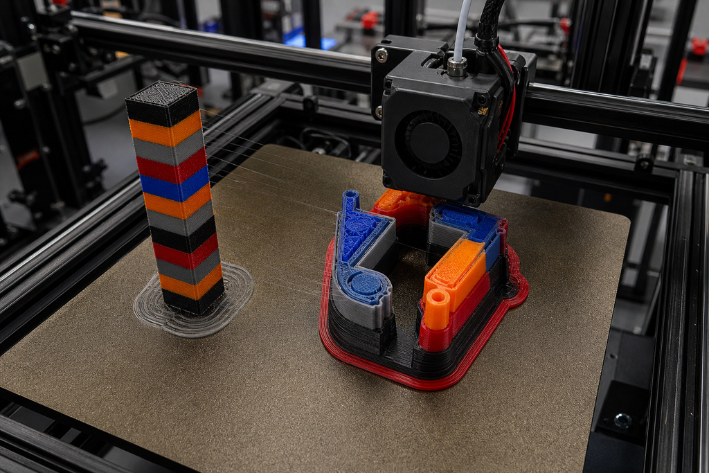 3D printer creating colorful multi-material TPU parts on a build plate with layers in process.