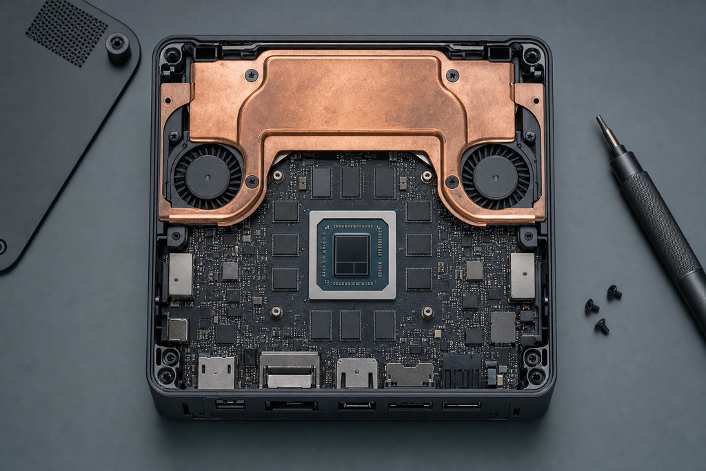 Inside view of a Strix Halo Mini PC showcasing its GPU, cooling system, and multiple circuitry components.