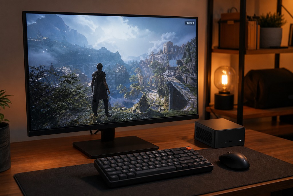 Minimalist workspace featuring a monitor displaying a scenic game landscape, Strix Halo mini PC, keyboard, and mouse.