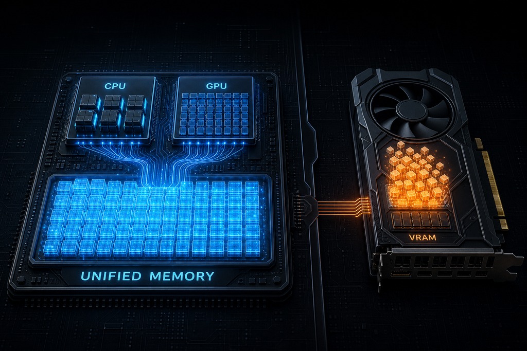 Illustration comparing unified memory architecture in a Strix Halo mini PC and VRAM in a desktop GPU.