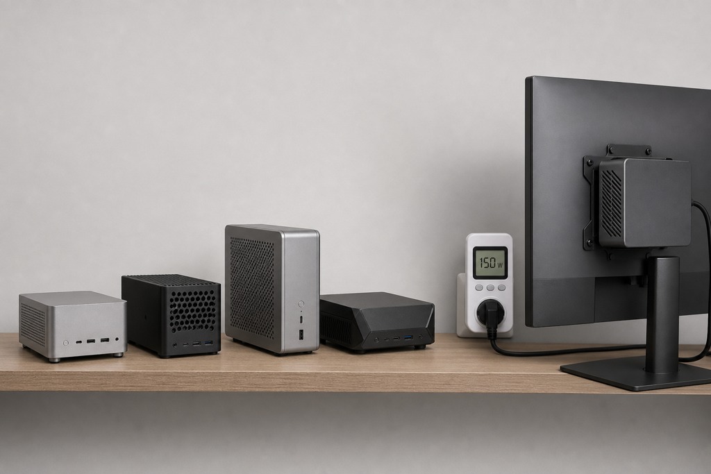 A comparison of mini PCs on a shelf next to a monitor, showcasing different sizes and designs for PC gaming.