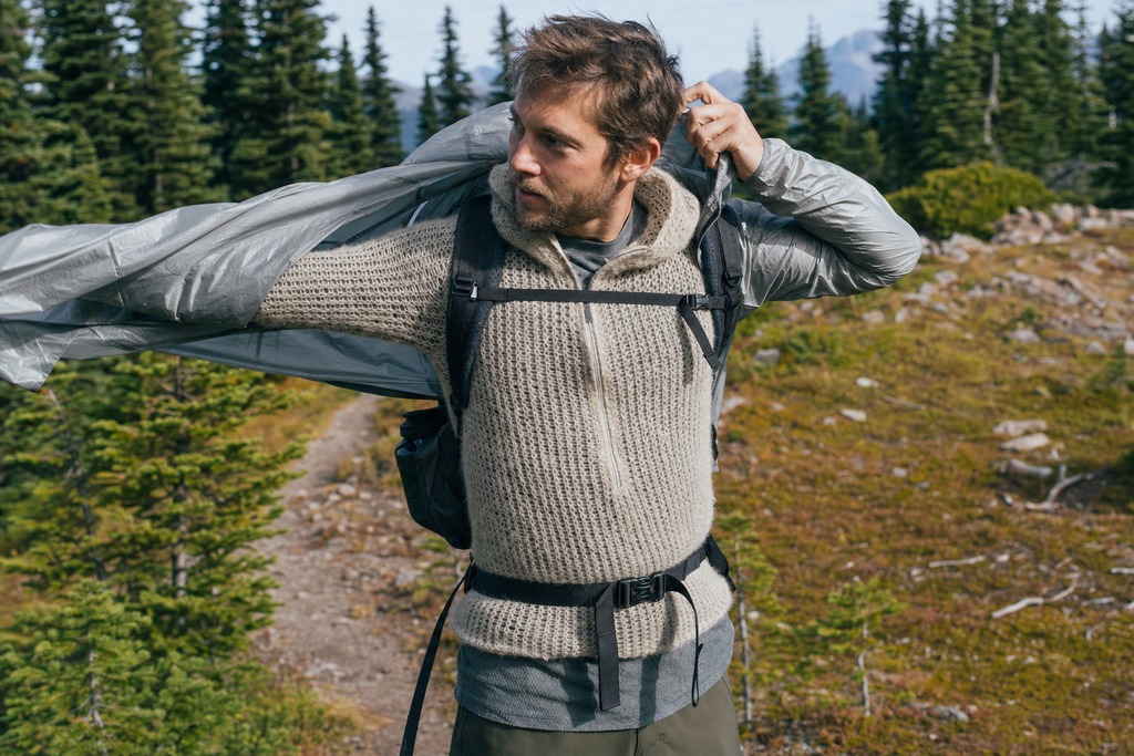 Man adjusting a lightweight jacket over a backpack while demonstrating the alpha direct layering system in a forested area.