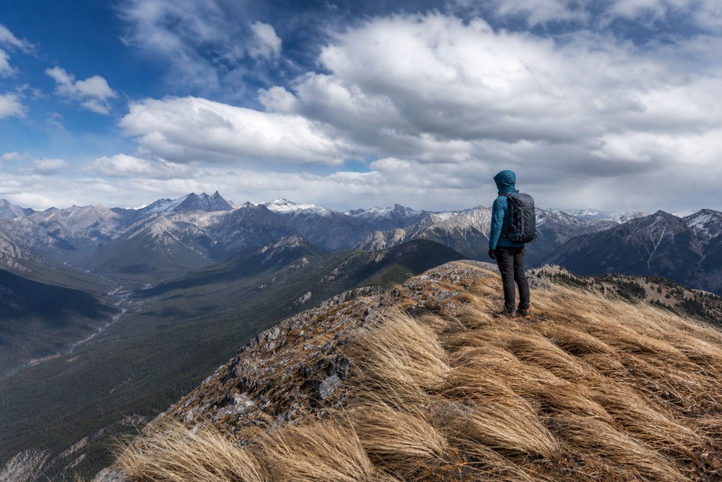 A hiker in an insulated jacket and backpack stands atop a mountain ridge overlooking a vast landscape of peaks.