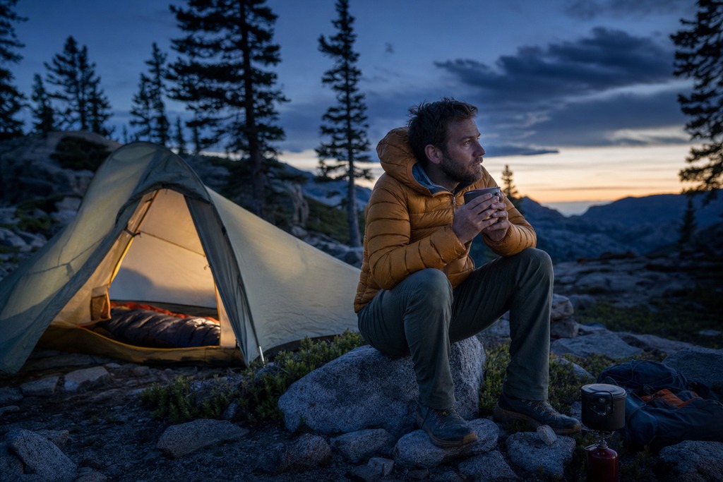 A backpacker in an orange jacket sits on a rock, enjoying a warm drink near a tent at sunset.