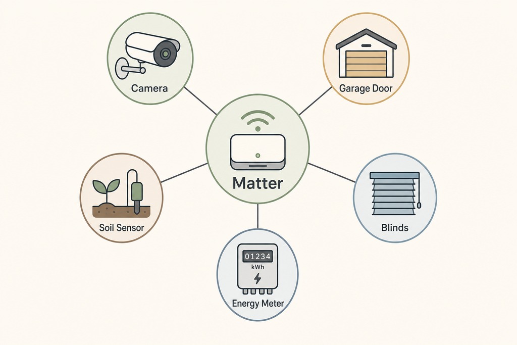 Illustration of "Matter 1.5" showcasing connected devices: camera, garage door, soil sensor, energy meter, and blinds.
