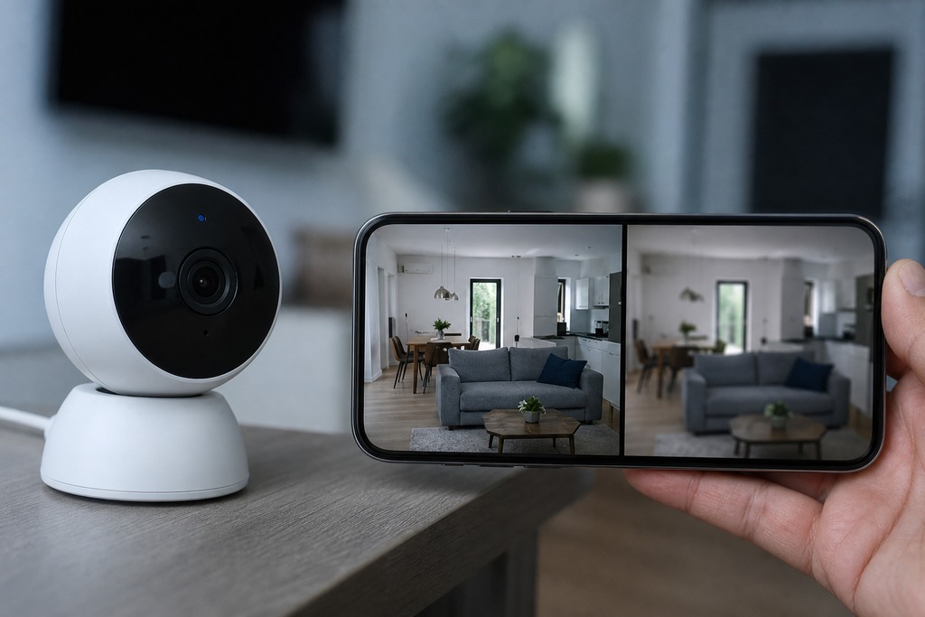 Home security camera next to a smartphone displaying live footage of a modern living room with a gray sofa.