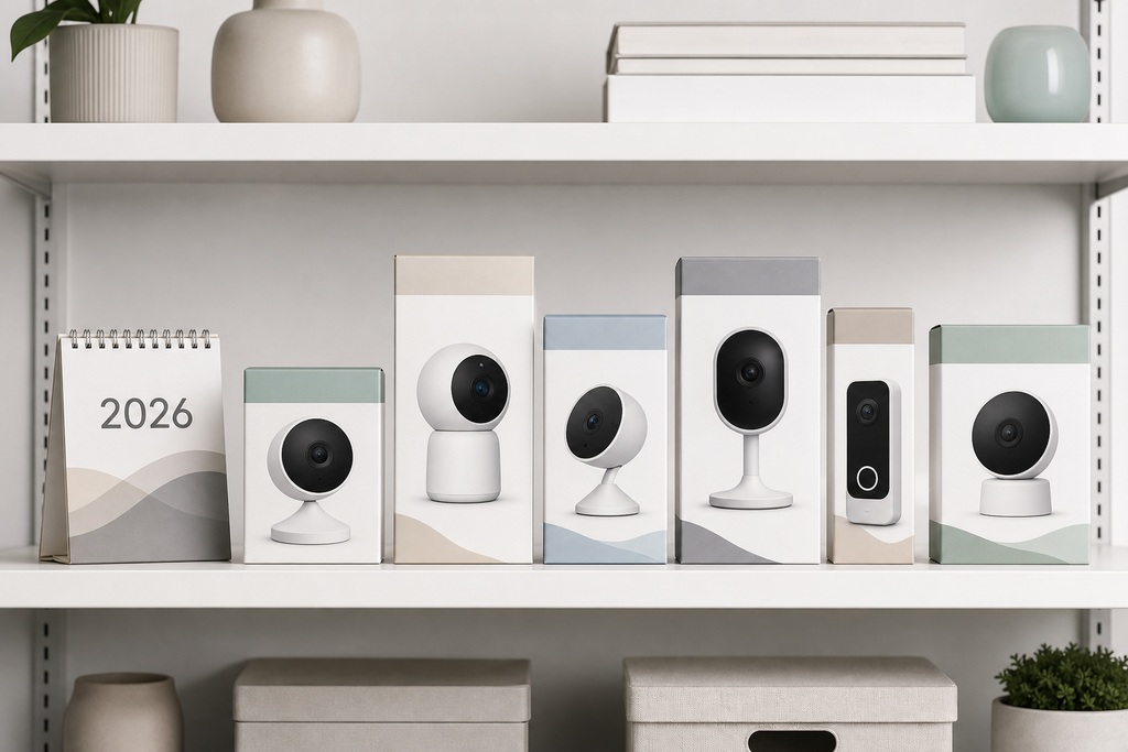 A shelf displays various security camera packages alongside a 2026 calendar and decorative items.