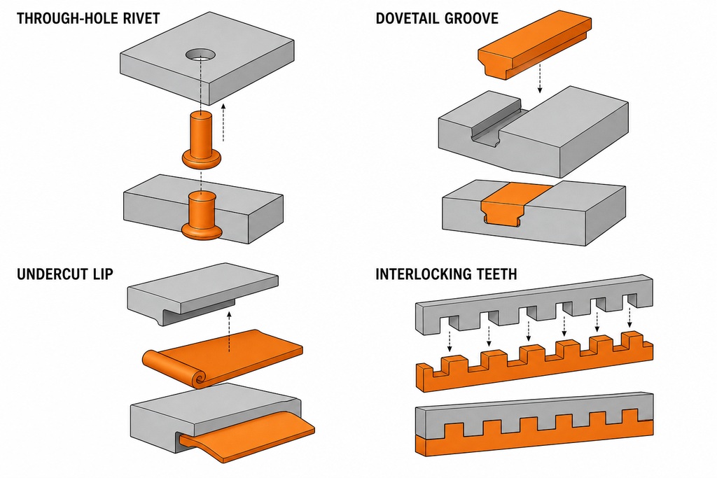 Diagrams illustrating various joint methods like through-hole rivet and dovetail groove for printing TPU and PLA together.